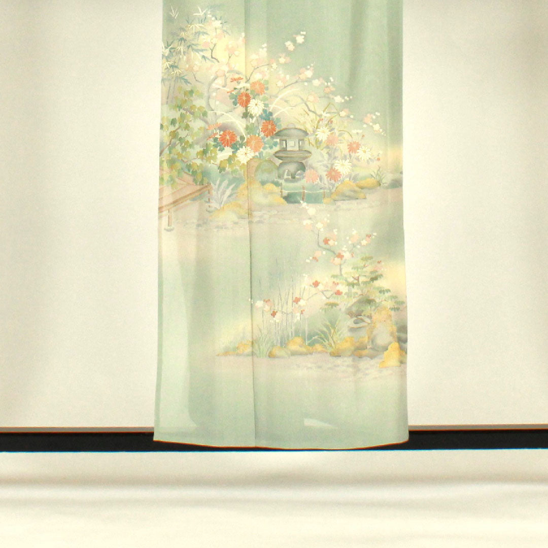 Colored Tomesode, Length 156.5cm, Sleeve Length 64cm, Gauze, Garden Scenery, Artist's Work, Pure Silk, A Rank, One Crest, Green, 1111000153319