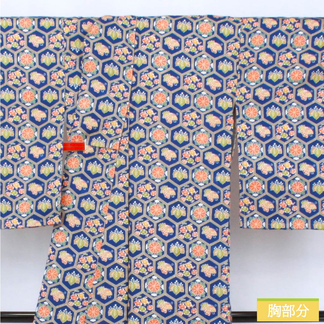Small-patterned polyester kimono, S rank, length 163cm, sleeve length 64.5cm, lined, navy blue, tortoiseshell pattern, small flowers, plum blossoms, and butterflies, navy blue, product number 1115007302418