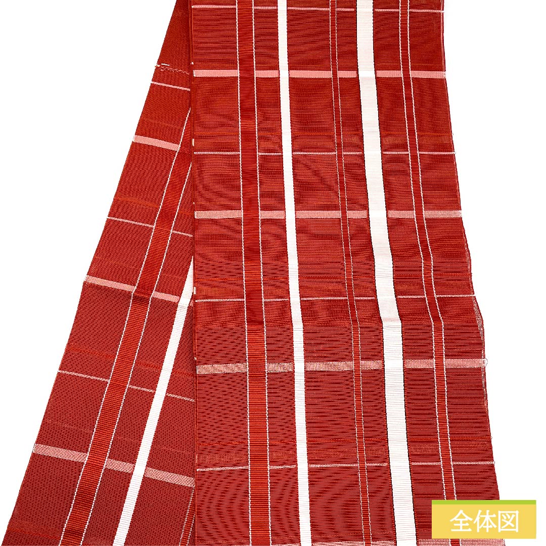 Nagoya obi, deep autumn color, summer obi, gauze, lattice, obi length 382cm, pure silk, S rank, full length, casual, red, 1124005552312, open style