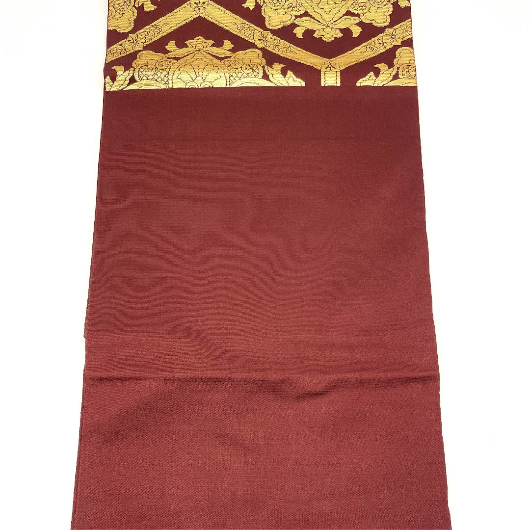 Fukuro Obi (Beniebichairo) (Red Shrimp Brown) Hosohana (Herringbone pattern) Tortoiseshell (Plate shell) Obi length 416cm Pure silk A rank Six-pass Formal Brown 1123002883314