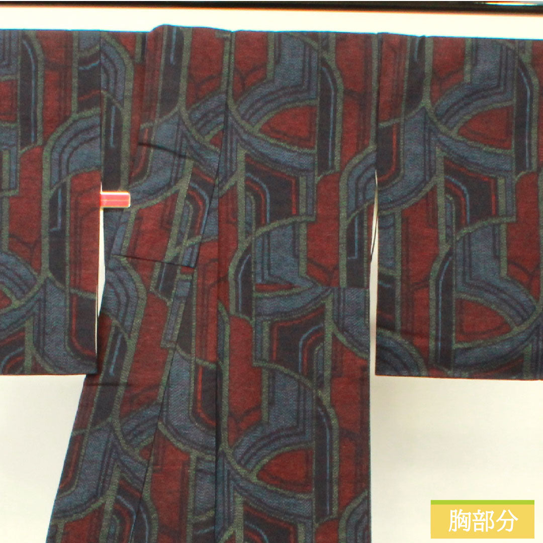 紬 正絹 身丈159cm 裄丈62cm 抽象模様 Sランク 袷 紺系 1116003422318