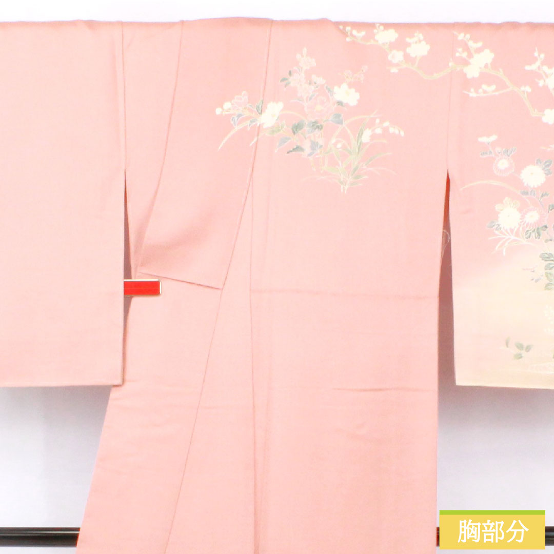 Homongi, pure silk, lined, length 162cm, sleeve length 64cm, Shinonome-iro, Kyoto Yuzen, floral pattern, with basting thread, S rank, pink, 1112005692413