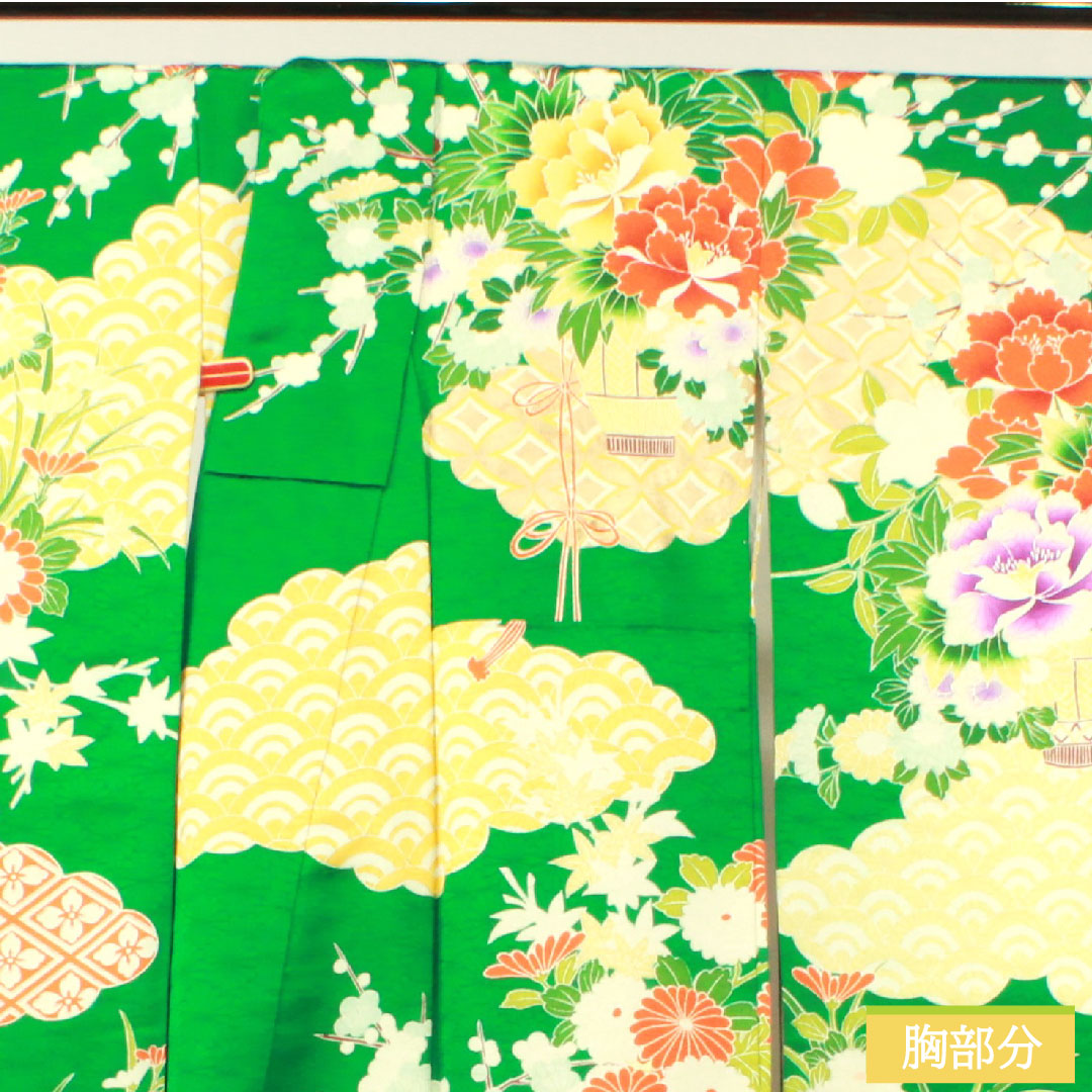 振袖 正絹 身丈161.5cm 裄丈65cm 袷  濡葉色 京友禅 吉祥文様  Aランク 緑系 1113001973419