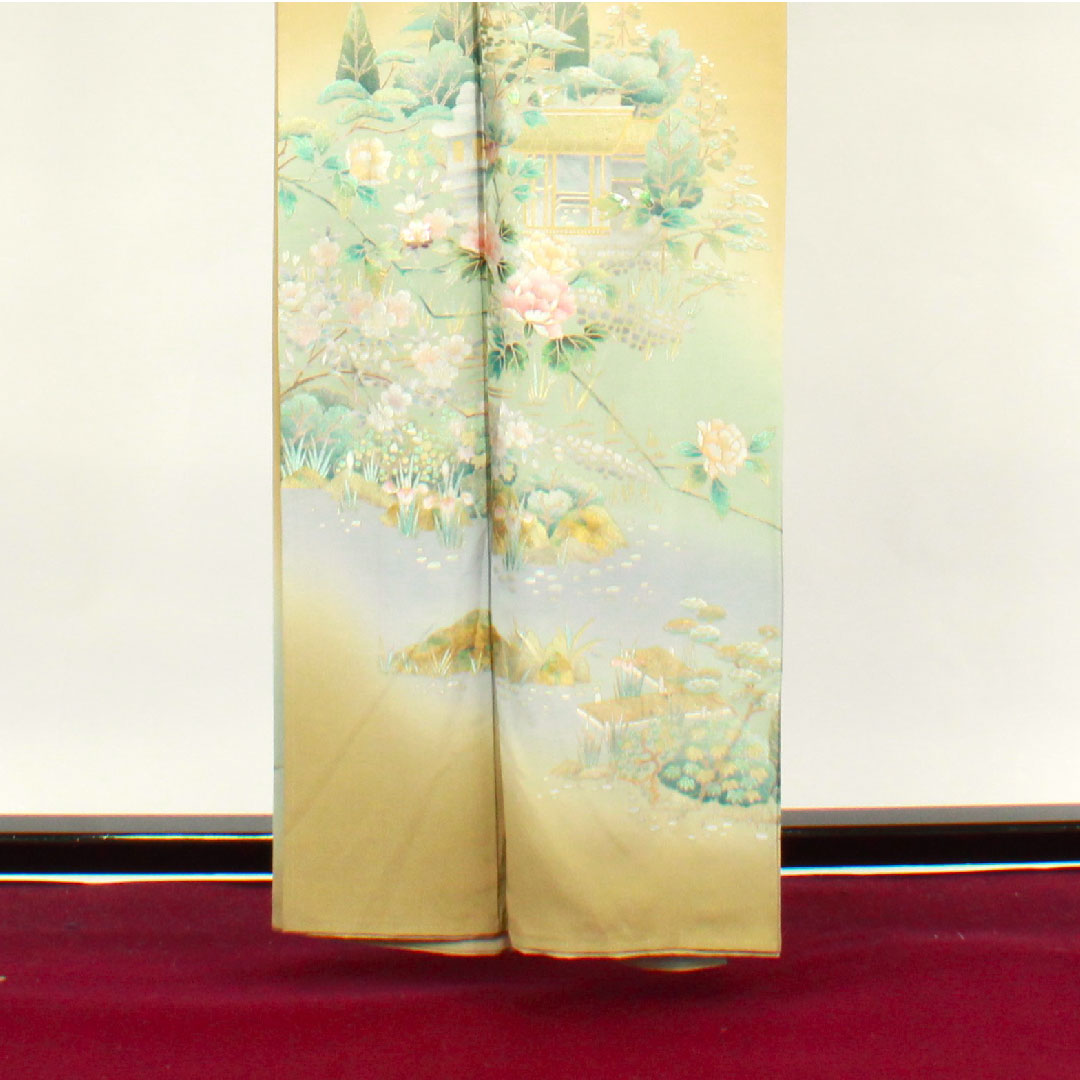 色留袖 身丈161.5cm 裄丈65.5cm 袷 しつけ糸付き 未使用品 枯野色 螺鈿 金彩加工 風景模様 三つ柏 正絹 Sランク 三つ紋 黄系 1111000792423