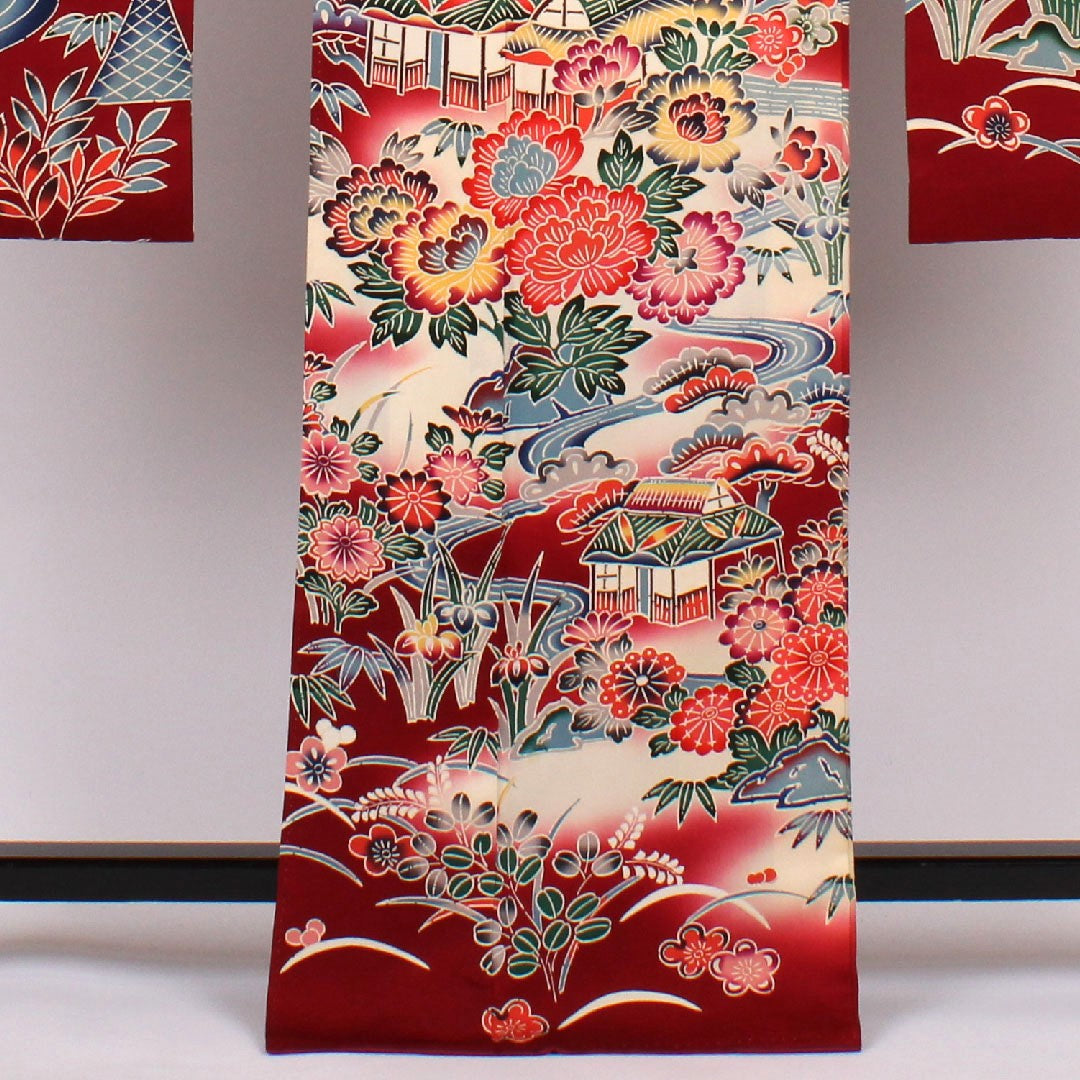 Long-sleeved kimono, length 167cm, sleeve length 66cm, lined, Kyoto Bingata, Chayatsuji pattern, pure silk, A rank, red, 1113000103512