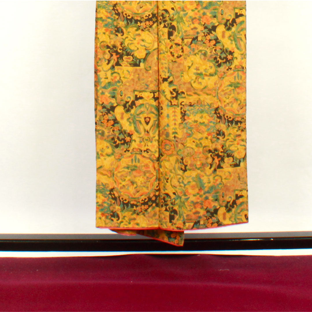 Komon, Length 151cm, Sleeve length 57cm, Awase, Ochre, Sarasa pattern, Pure silk, S rank, Yellow 1115002442223