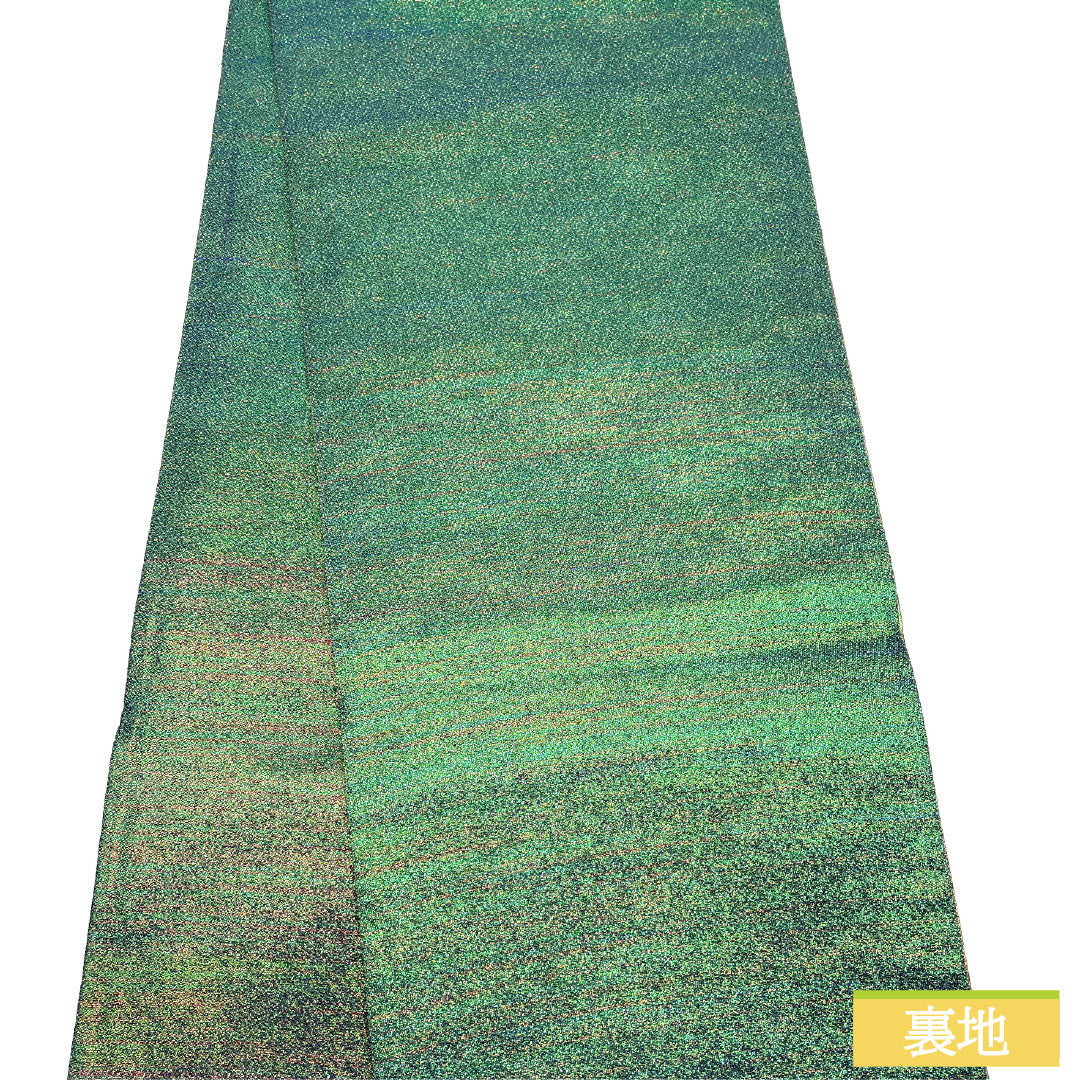 Nishijin-ori silk obi with embroidery, Gosan Paulownia pattern, flowing water design, and iridescent beetle motifs. Length: 440cm. Semi-formal, gradient accents. Product code: 1123016692399.