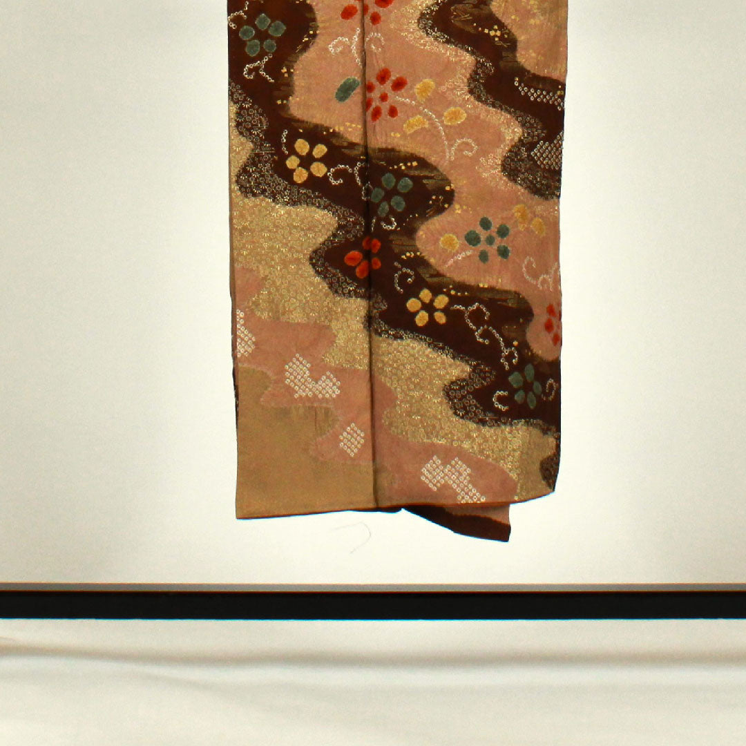 Homongi, lined, length 145.5cm, sleeve length 60cm, Sayagata, flowing water, tie-dye, pure silk, S rank, brown, 1112000302114