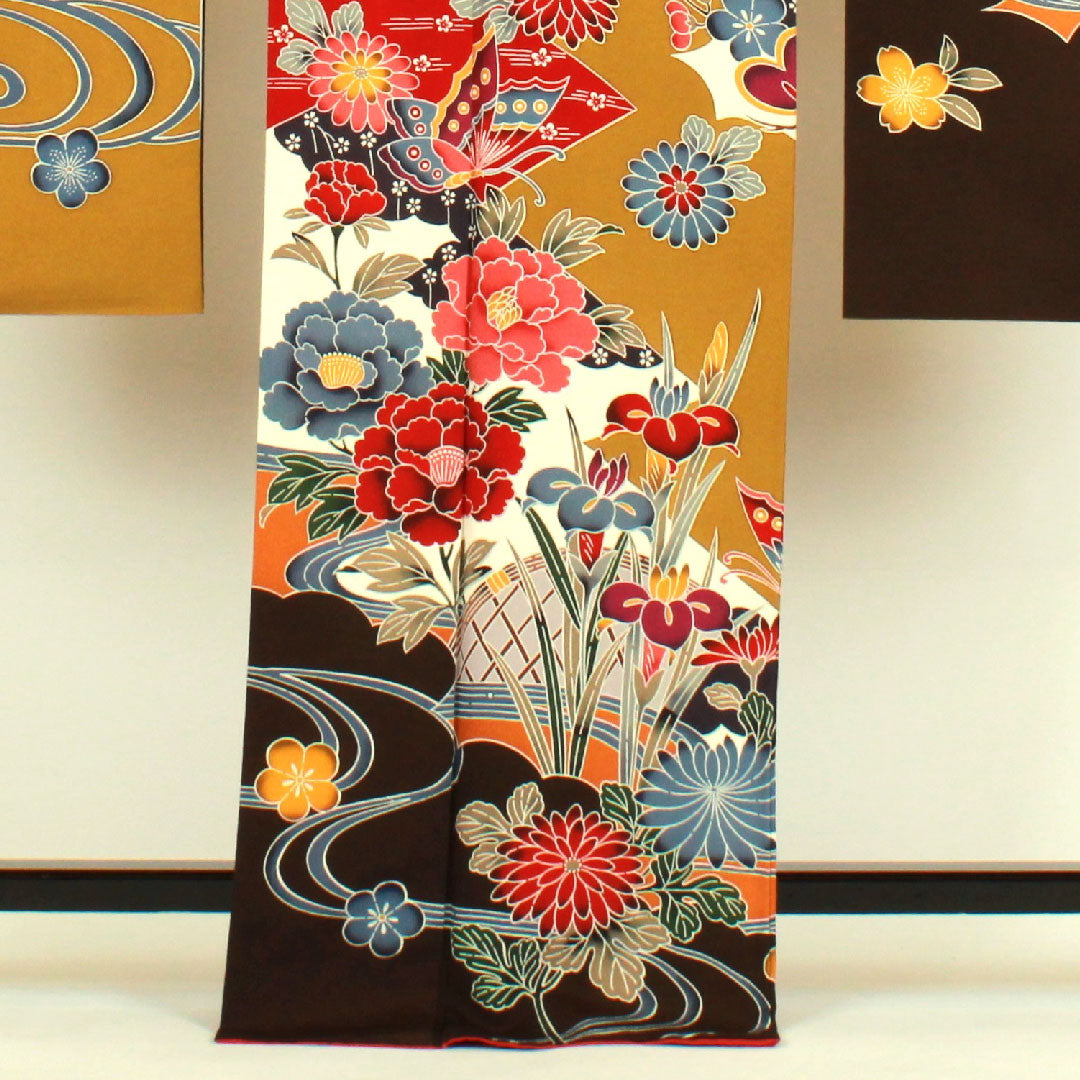 振袖+長襦袢セット 身丈169.5cm 裄丈68cm 袷  京紅型 蝶 菊  菖蒲  正絹 Aランク 黄系 1113000453523