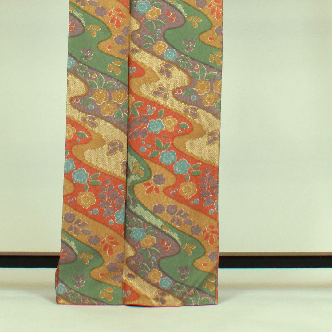 Small pattern, Length 166cm, Sleeve length 67cm, Awase, Cherry blossoms, Flowing water pattern, Pure silk, S rank, Yellow, 1115000452523