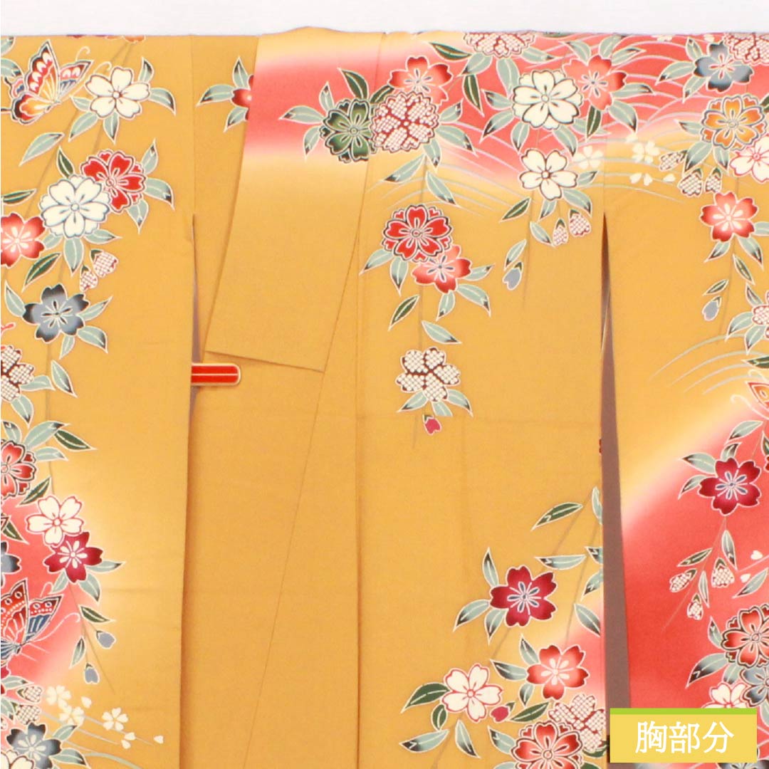 振袖 正絹 Sランク 身丈157cm 裄丈62cm 袷 小麦色（こむぎいろ） 京紅型 吉祥文様 蝶 花 流水 橙系 1113002882326