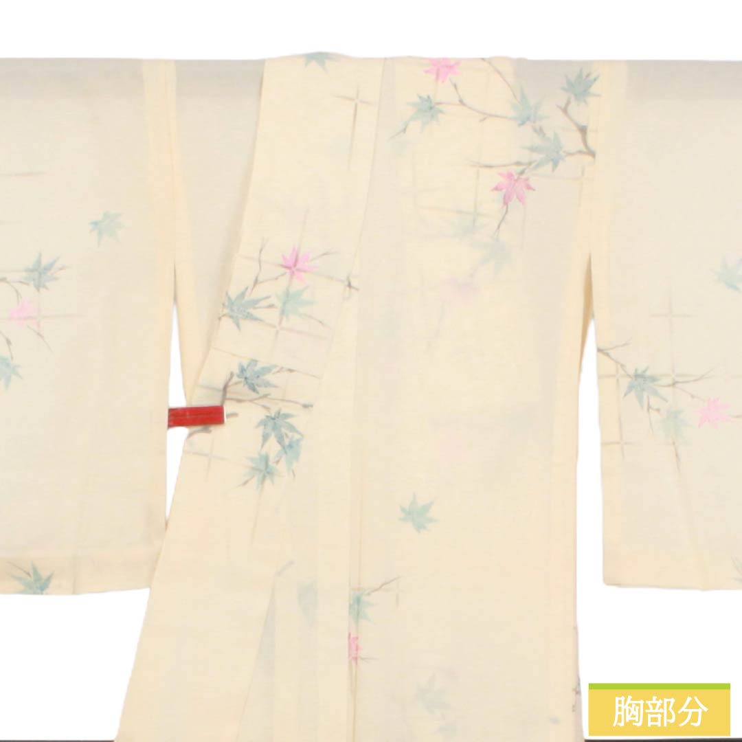 夏物 正絹 小紋 Sランク 身丈163.5cm 裄丈63.5cm 練色（ねりいろ） 紅葉 竹垣 絽 クリーム系 1132004722415