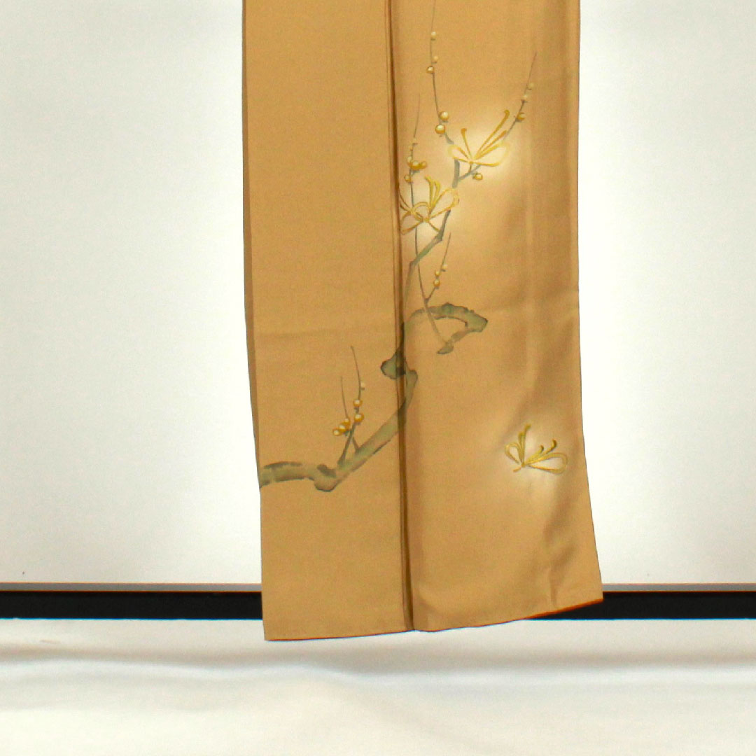Homongi, lined, length 157cm, sleeve length 66cm, embroidery, plum blossom, pure silk, S rank, yellow, 1112000822323