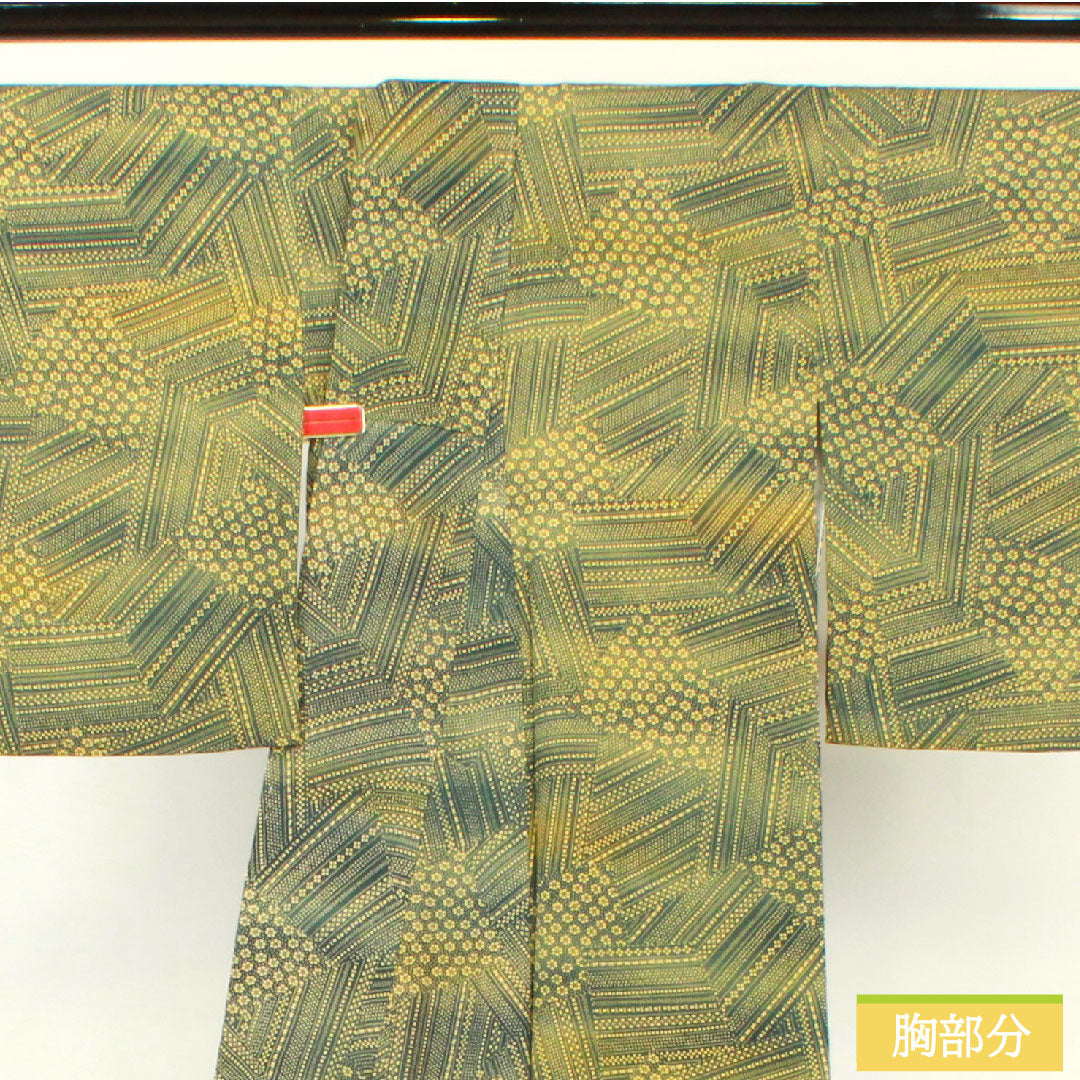 Komon, pure silk, length 148.5cm, sleeve length 61cm, lined, Oribe color, abstract pattern, split pattern, S rank, green, 1115004392119