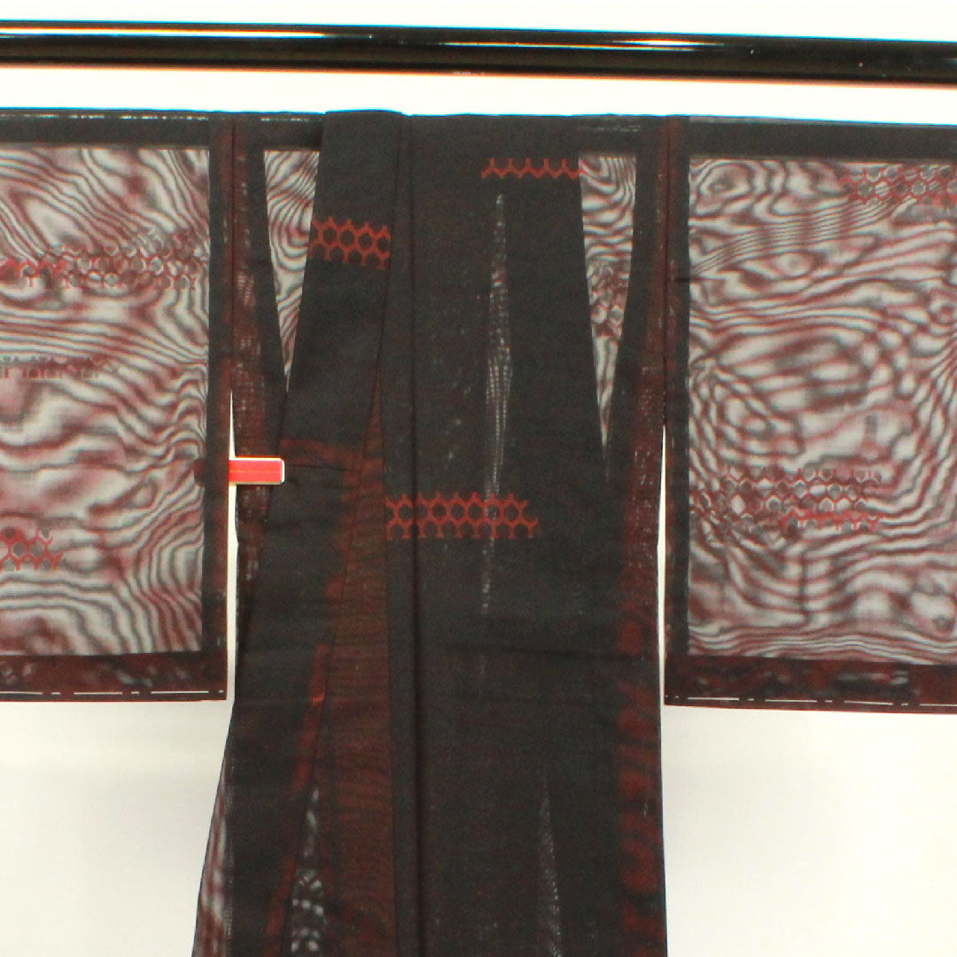Summer item, pure silk, plain color, length 159.5cm, sleeve length 61.5cm, azuki brown, geometric pattern, basting thread included, unused item, gauze, S rank, red, 1132001732312