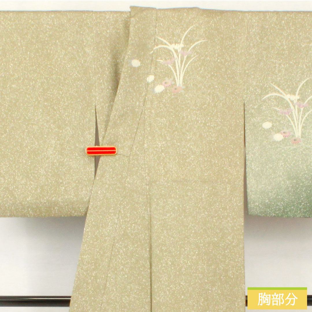 訪問着 正絹 袷 身丈157.5cm 裄丈62cm 蠟色（ろういろ） タタキ染 京友禅 菊 菖蒲 一つ紋 Sランク 緑系 1112005252319