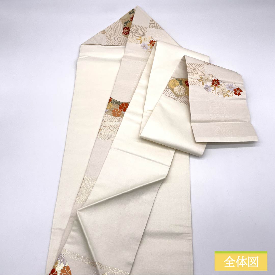 名古屋帯 胡粉色（ごふんいろ） 扇面 唐花 ねじり梅 帯丈348cm 正絹 Aランク 六通 セミフォーマル クリーム系 1124008523315 名古屋仕立て