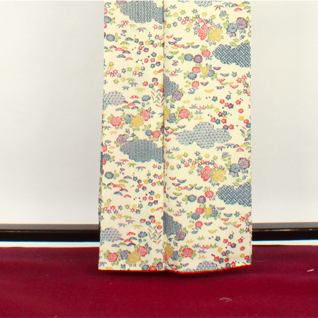 小紋 身丈162cm 裄丈63cm 袷  鳥の子色 型染 草花模様  正絹 Sランク クリーム系 1115002382415
