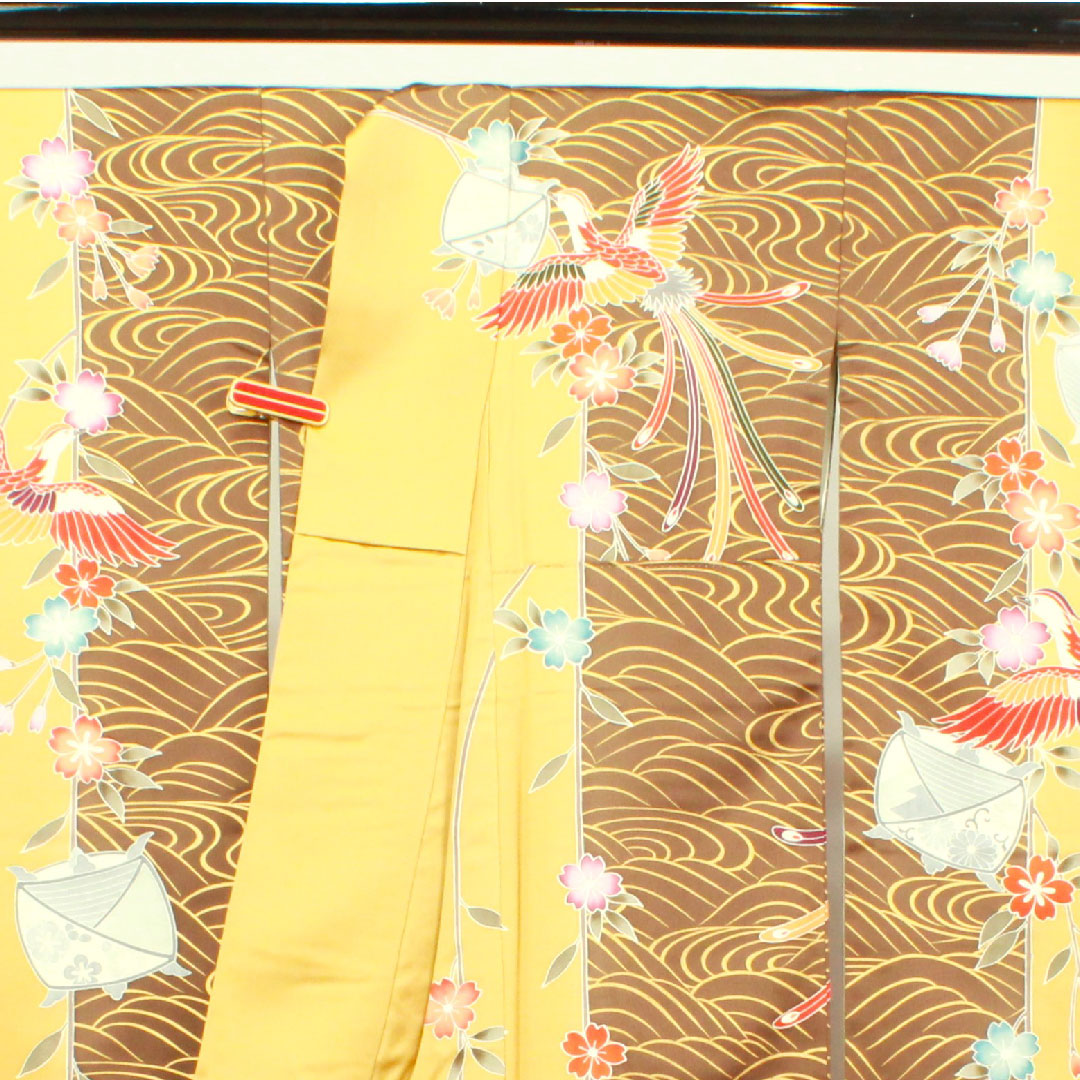 振袖 身丈157.5cm 裄丈65cm 袷  焦げ茶色 京友禅 鳳凰 糸巻き 波  正絹 Aランク 茶系 1113001543314