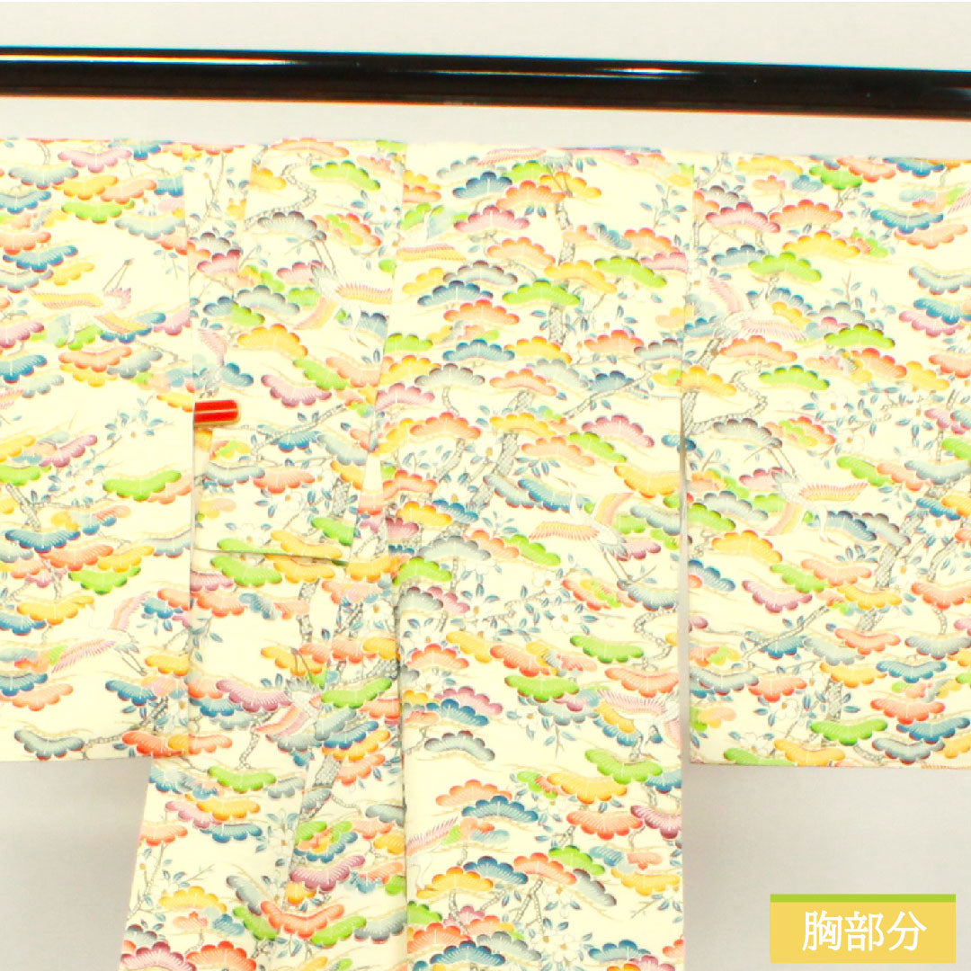 小紋 クリーム系 身丈152.5cm 裄丈67.5cm 袷  乳白色 松 鶴  正絹 Aランク 1115003743215