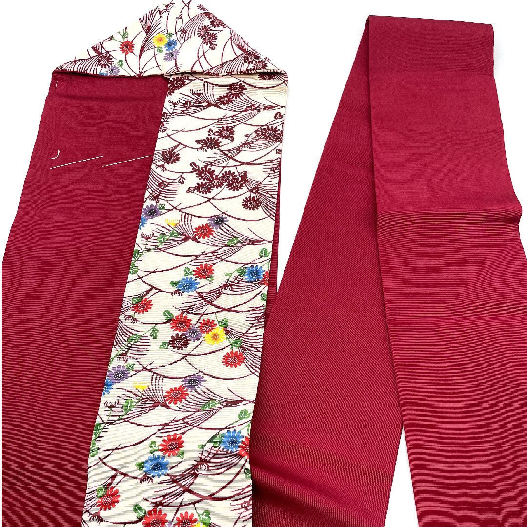 Nagoya obi with floral pattern, stencil dyeing, dyed obi, length 361.5cm, pure silk, A rank, point pattern, casual, red, 1124001883312, Nagoya style