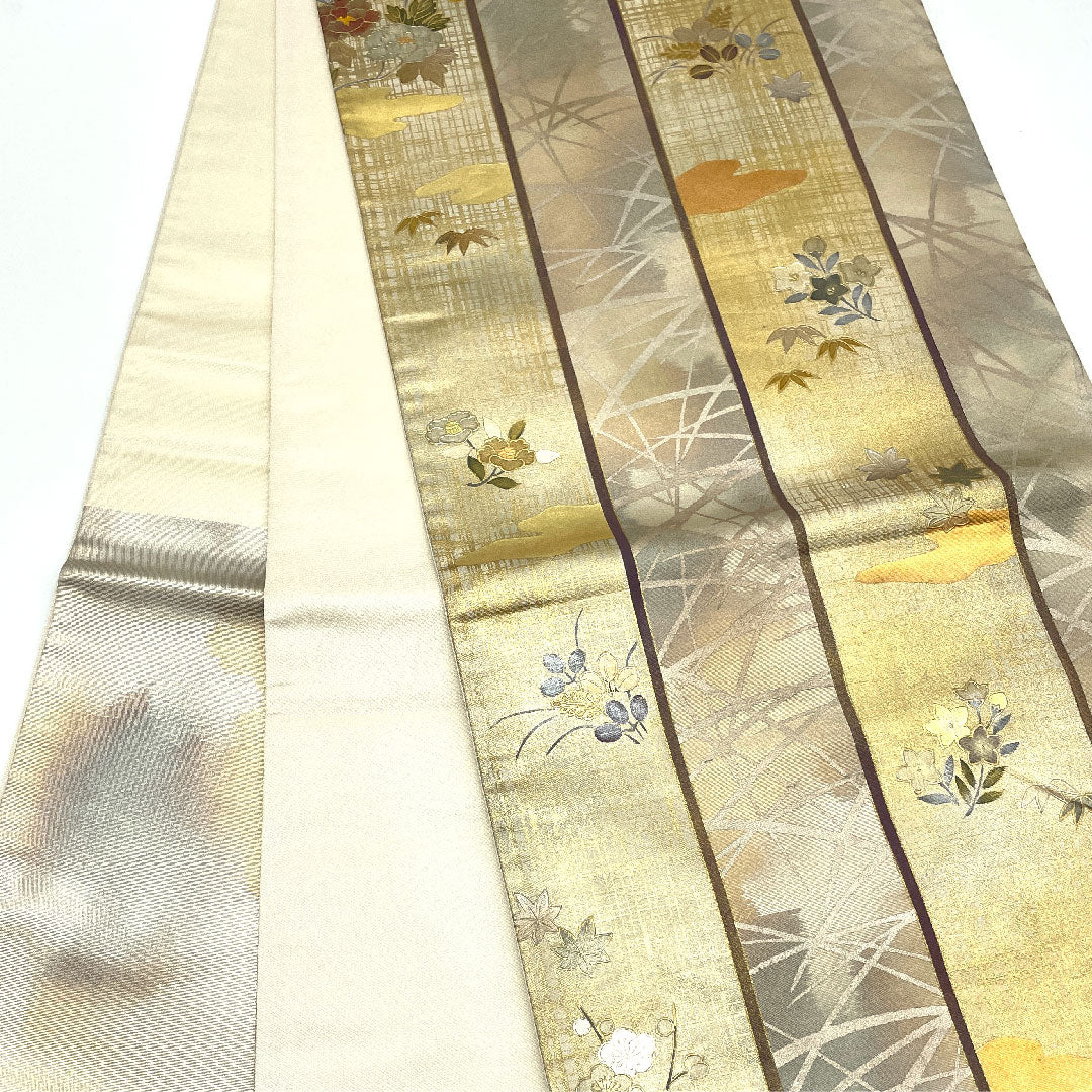 袋帯 草花模様 金銀箔 帯丈416cm 正絹 Aランク 六通 フォーマル 金系 1123003973321
