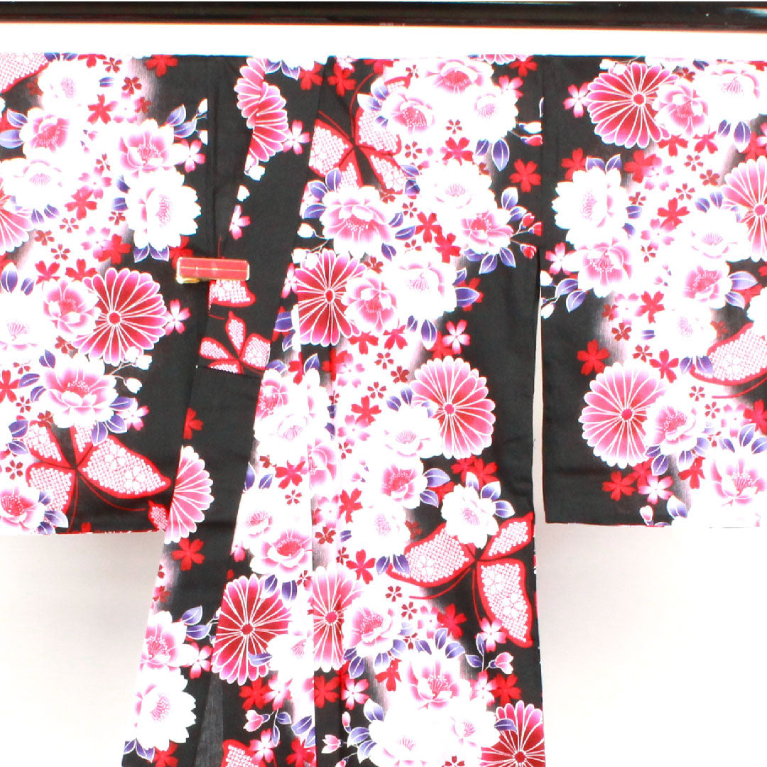 Yukata, Chrysanthemum, Cherry Blossom, Butterfly, Cotton, S Rank, Single Layer, Length 163cm, Sleeve Length 64cm, Black, 1118001522410