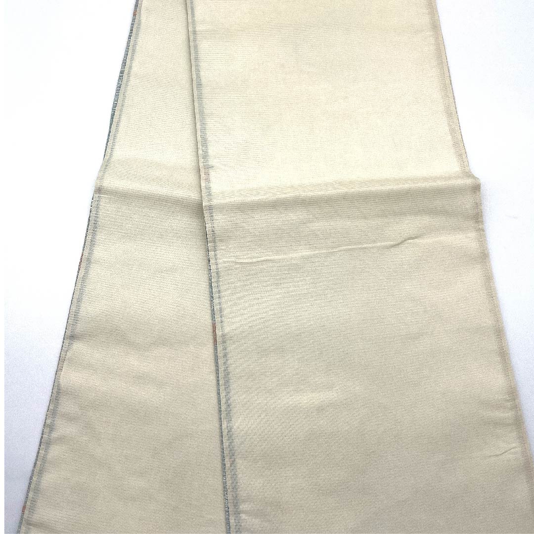 袋帯 薄水色（うすみずいろ） 夏帯 生成り色 花模様 流水 帯丈440cm 正絹 Aランク 六通 フォーマル 青系 1123007303317