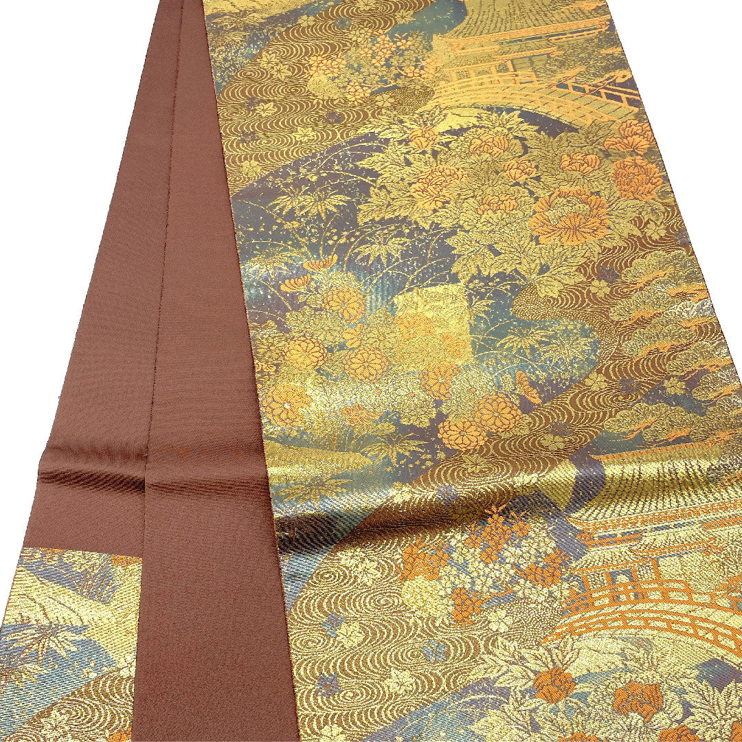 袋帯 手織り 御所絵巻文様 本金箔24金 帯丈432cm 正絹 Aランク 六通 フォーマル 茶系 1123003653314