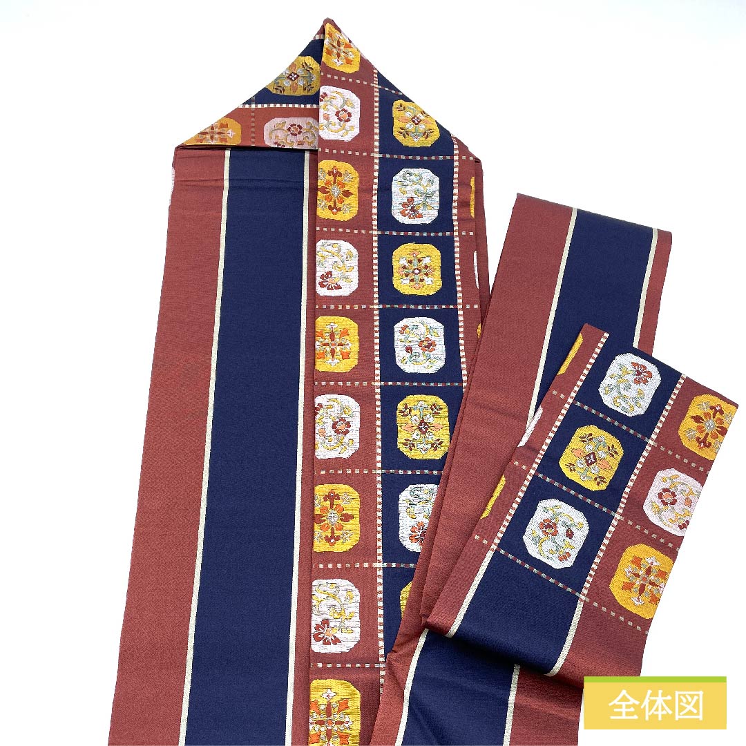 名古屋帯 正絹 蘇芳色（すおういろ） 市松 抽象花模様 帯丈358cm Sランク 六通 カジュアル 茶系 1124006412314 名古屋仕立て