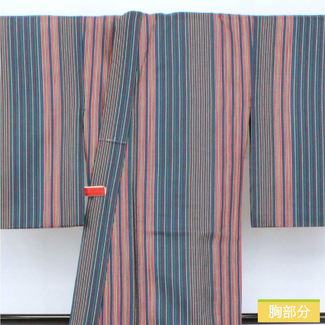 Small-pattern kimono, polyester, S rank, length 162cm, sleeve-to-sleeve 65.5cm, unlined, Berlin blue, stencil-dyed, striped, washable kimono, navy系, 1115007822418