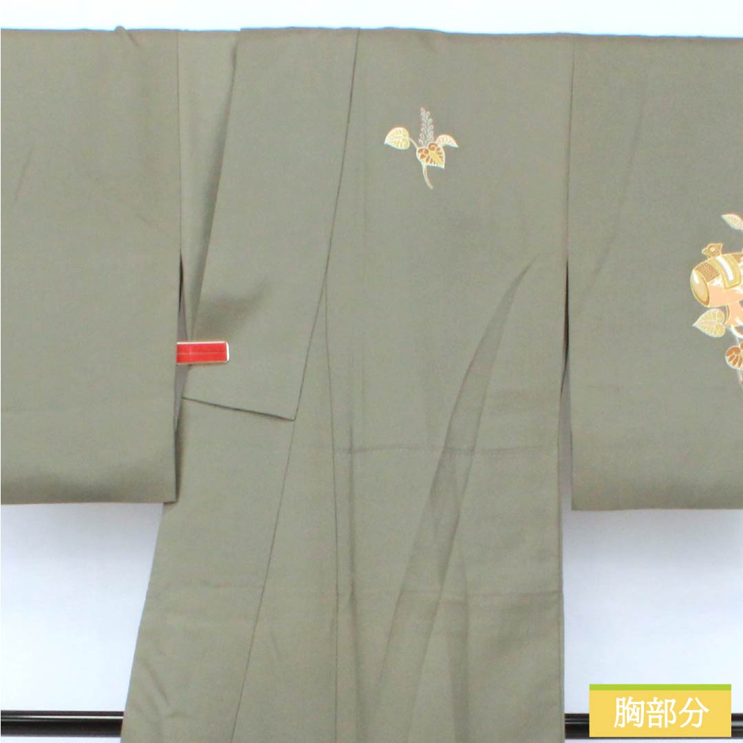 訪問着 正絹 Sランク 袷 身丈155cm 裄丈62.5cm 利休鼠色（りきゅうねずみいろ） 京友禅 付下げ 葵 小槌 スーパー鈴ガード 緑系 1112007212319