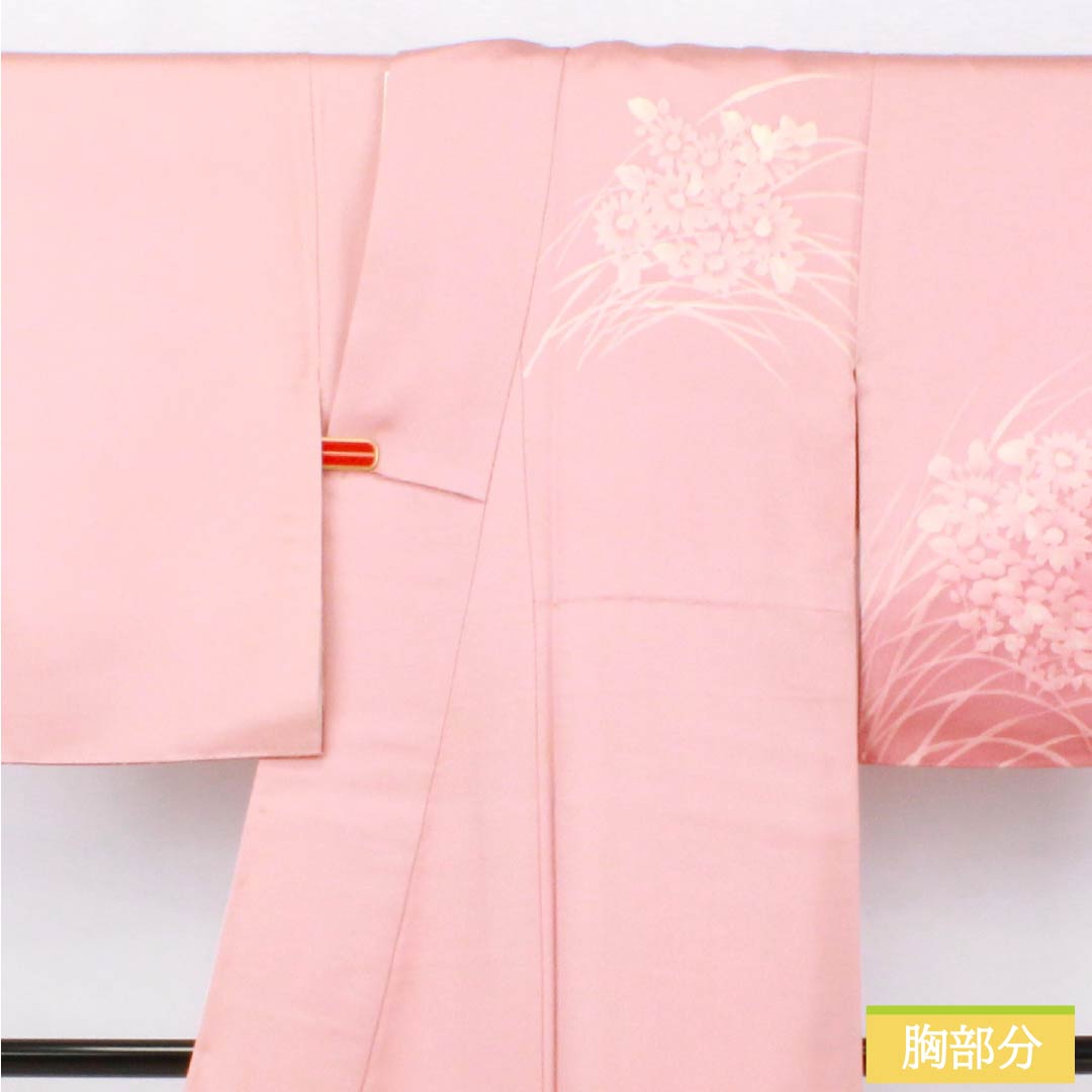 Homongi (visiting kimono) made of pure silk, grade A, with a lined lining, length 155cm, sleeve length 62cm, light crest (asabe niiro), single crest, batik (wax-resist dyed) floral motif, layered collar, pink, product number 1112006323313