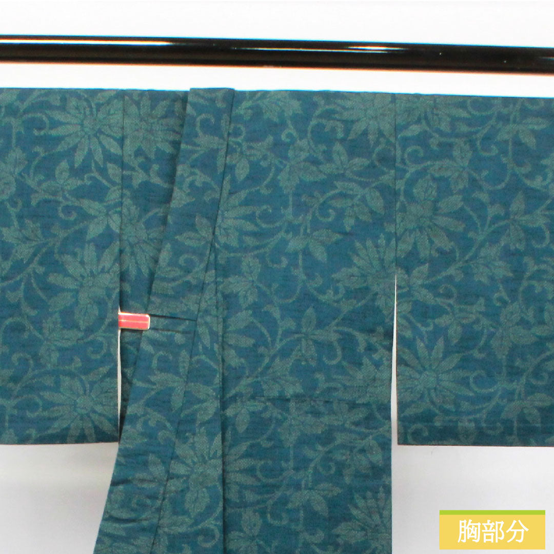 紬 正絹 身丈158cm 裄丈62.5cm  高麗納戸色 草花模様 胴抜き仕立 Sランク 胴抜き 緑系 1116002922319
