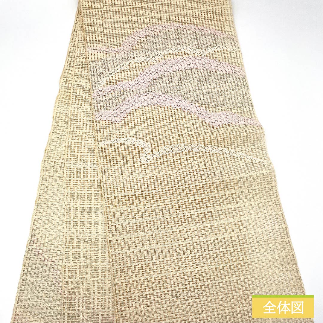 Nagoya Obi, Pure Silk, Off-White, Summer Obi, Abstract Pattern, 350cm Length, Rank B, Pointed Pattern, Semi-Formal, Beige, 1124008794325, Open-Leaf Style