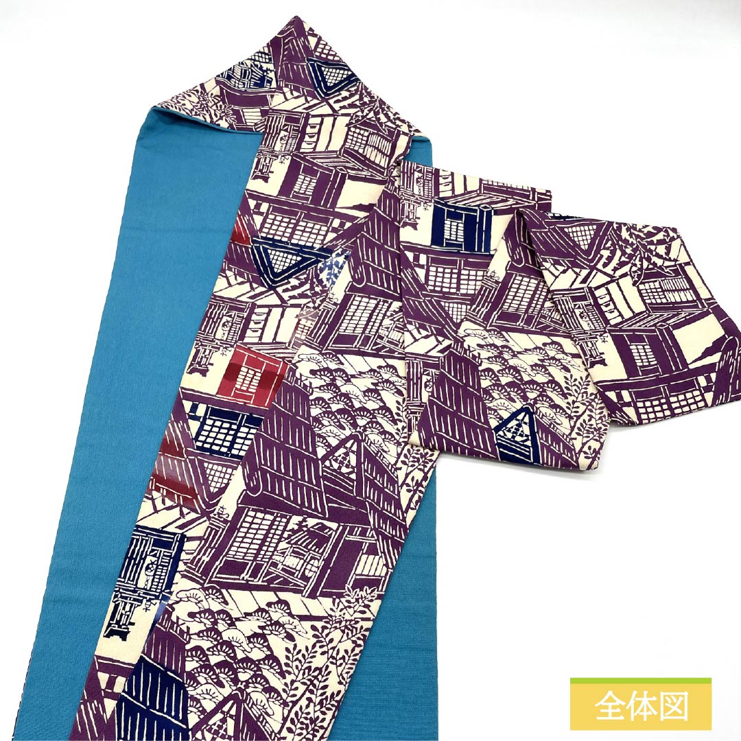 名古屋帯 生成り色（きなりいろ） 型染 風景模様 帯丈353cm 正絹 Aランク 全通 カジュアル ベージュ系 1124007793325 名古屋仕立て