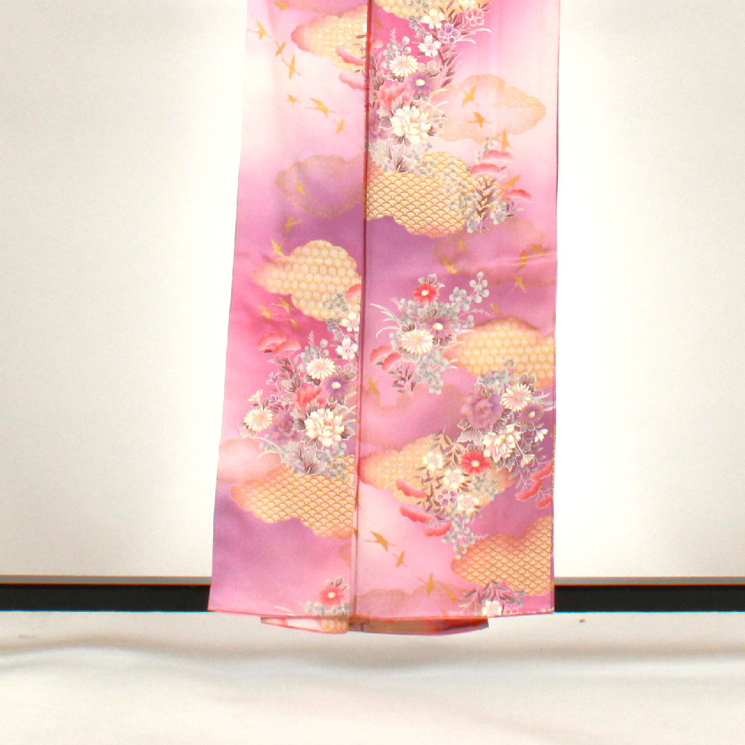 小紋 身丈158cm 裄丈65cm 袷  洗える着物 雲取り 草花模様  ポリ Aランク 紫系 1115001623320