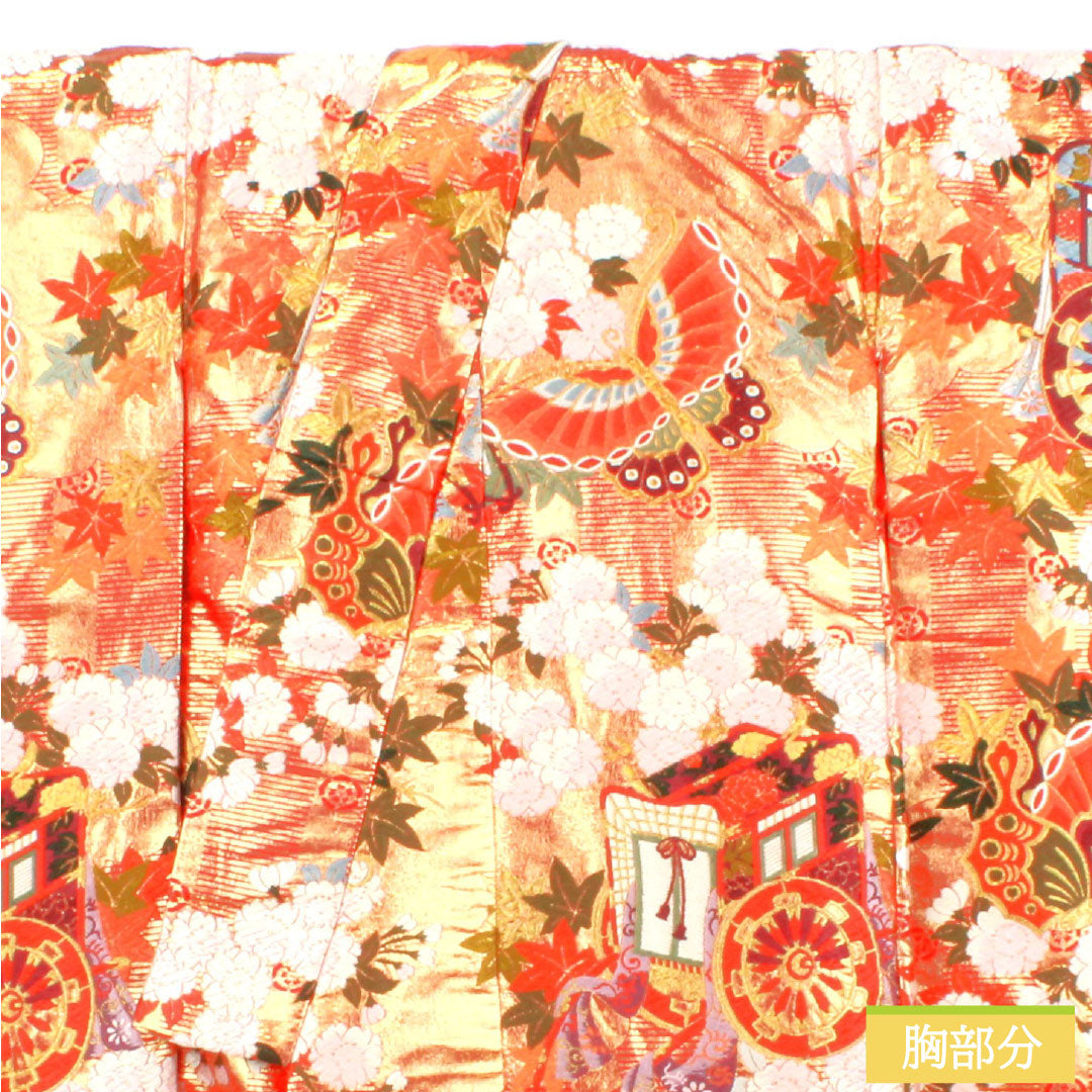 Iro-uchikake (colored kimono) made of pure silk, grade A, length 184cm, sleeve length 60.5cm, Karaori (Chinese weave) with butterfly and floral patterns, lined, vermilion, 1110001003916