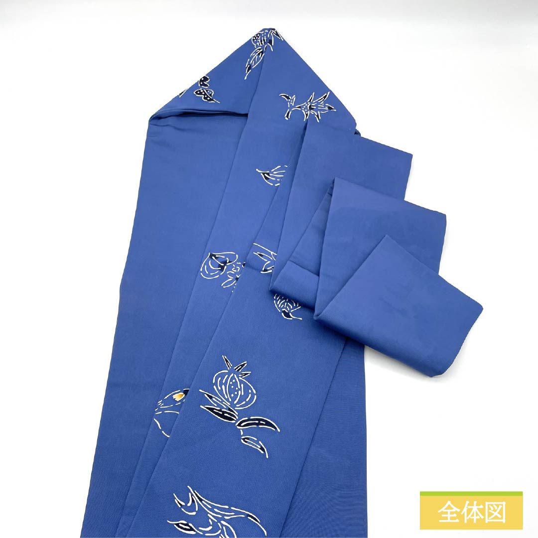 名古屋帯 正絹 Aランク 露草色（つゆくさいろ） 型染 紅型調 花模様 帯丈350cm ポイント柄 カジュアル 青系 1124010583317 名古屋仕立て