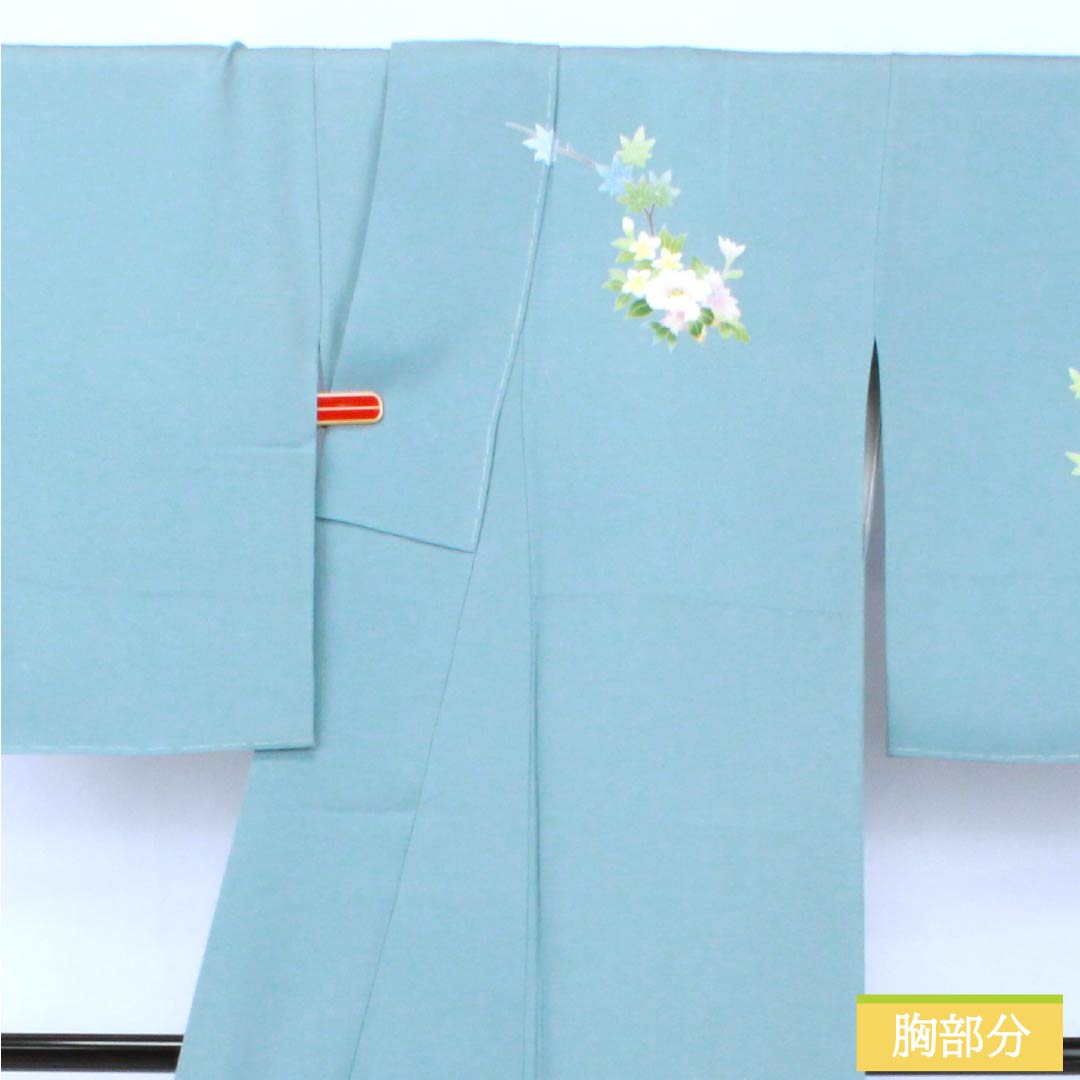 訪問着 正絹 Sランク 袷 身丈155.5cm 裄丈63cm 砧青磁色（きぬたせいじいろ） 加賀友禅 南克治 付下げ 花籠 しつけ糸付き 水色系 1112007312324