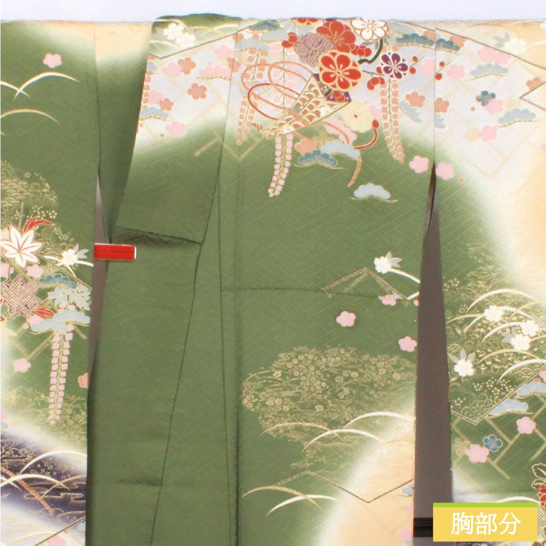 振袖 正絹 Aランク 身丈170.5cm 裄丈68.5cm 袷 山鳩色（やまばといろ） 京友禅 吉祥文様 梅 松 緑系 1113002173619