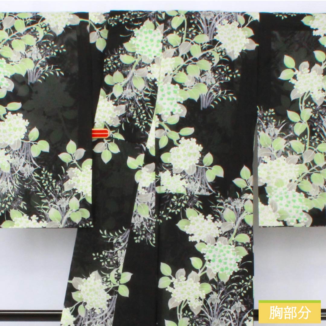 Summer kimono, polyester, small pattern, length 167cm, sleeve length 63.5cm, hydrangea, iris, washable kimono, silk, A rank, black, 1132002283510
