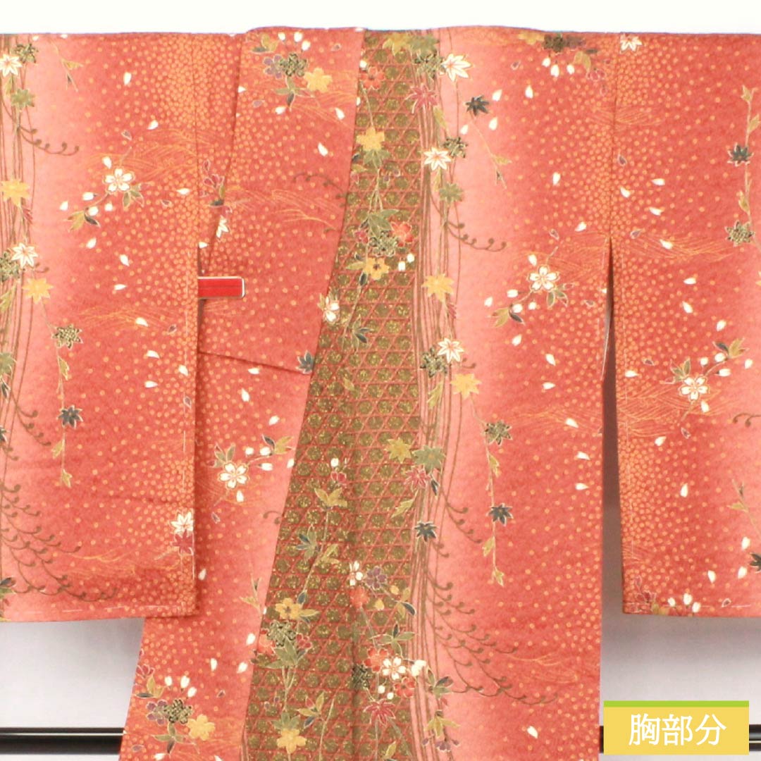 Komon, pure silk, length 163cm, sleeve length 64cm, lined, red sapphire color, basket pattern, flower, basting thread included, S rank, vermilion, 1115005692416