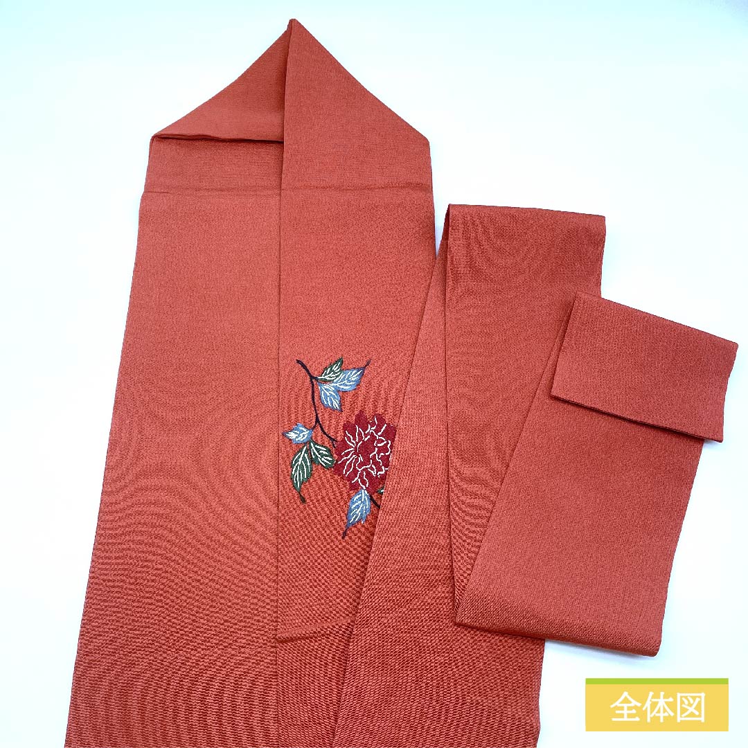名古屋帯 正絹 似紅色（にせべにいろ） 扇 花 ちりめん 帯丈369cm Sランク ポイント柄 カジュアル 赤系 1124006402312 名古屋仕立て