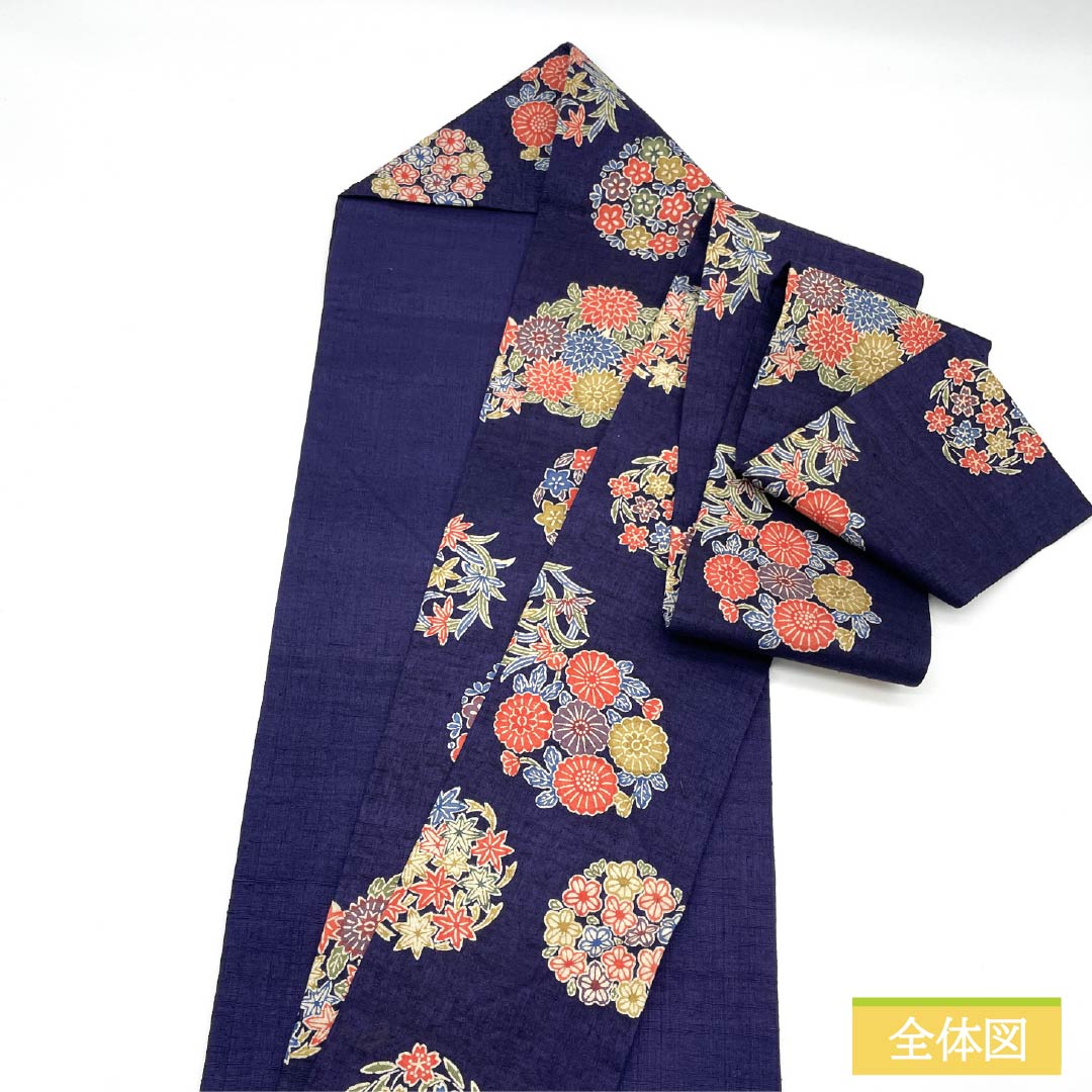 Nagoya Obi, Pure Silk, S-Rank, Gold-Blue, Stencil-Dyed, Flower and Circle Pattern, Autumn Leaves, Length 378cm, Full Length, Casual, Navy Blue, Item Number 1124009732318, Nagoya Style