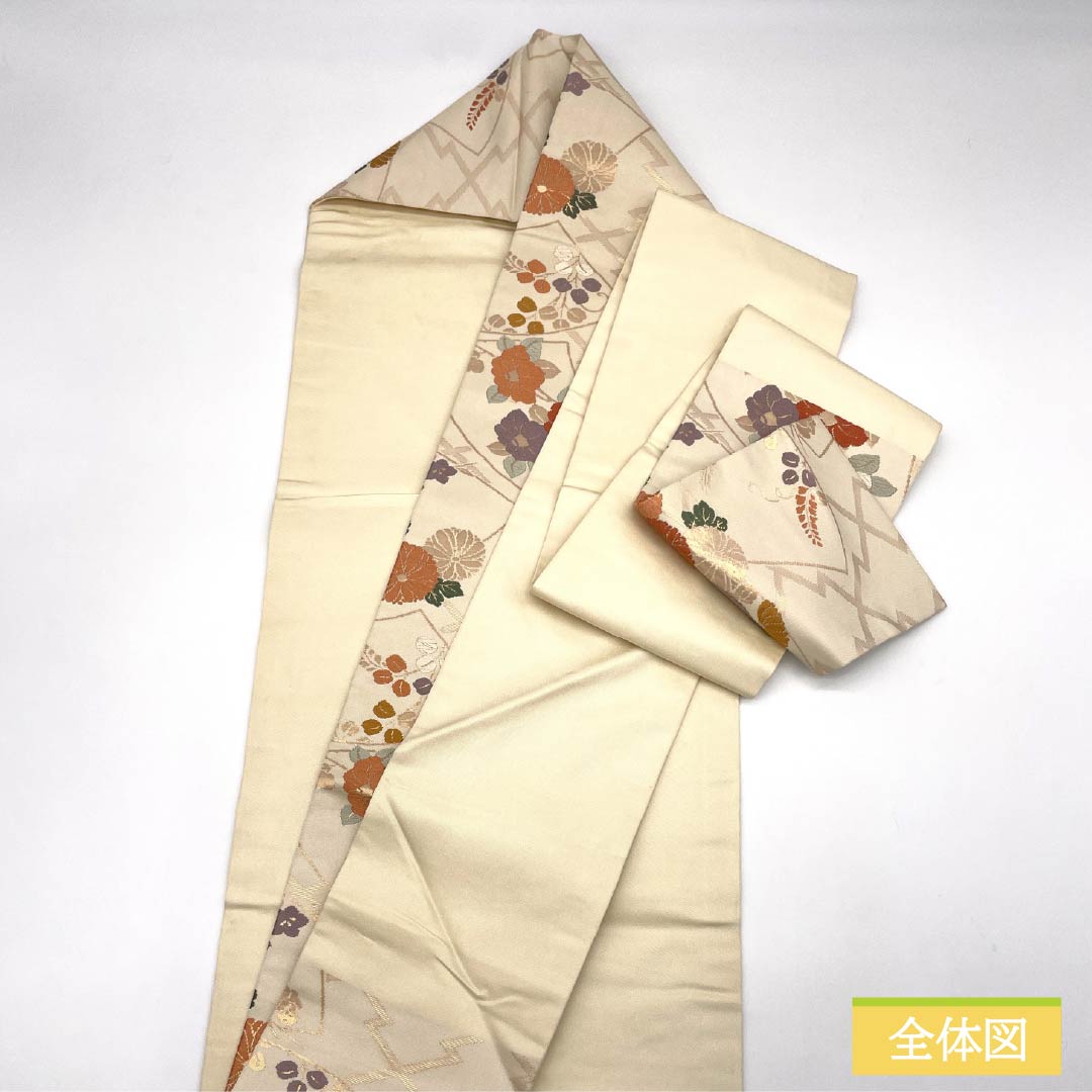 名古屋帯 生成り色（きなりいろ） 扇面 菊 椿 帯丈351cm 正絹 Bランク 六通 セミフォーマル クリーム系 1124008924315 名古屋仕立て