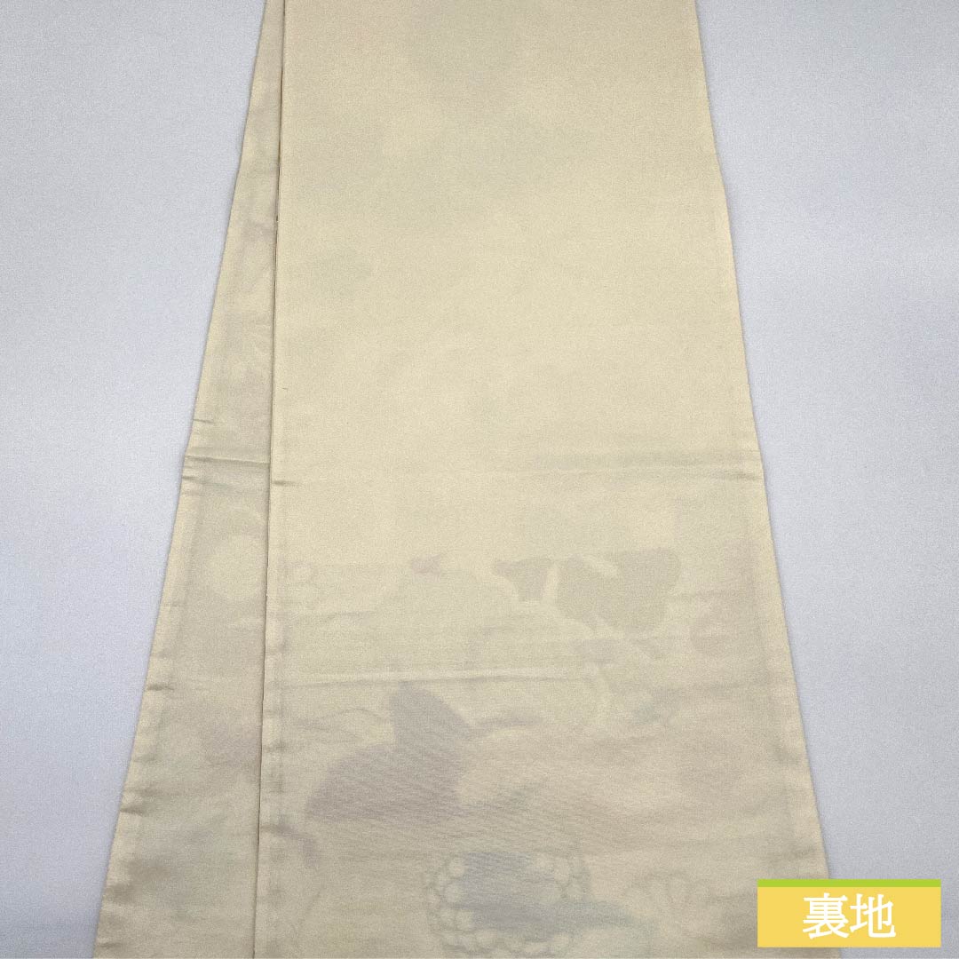 Fukuro obi, pure silk, milky white color, pine, bamboo, plum, camellia, cherry blossom, shippo, obi length 436cm, S rank, six-way, formal, cream color, 1123011662315