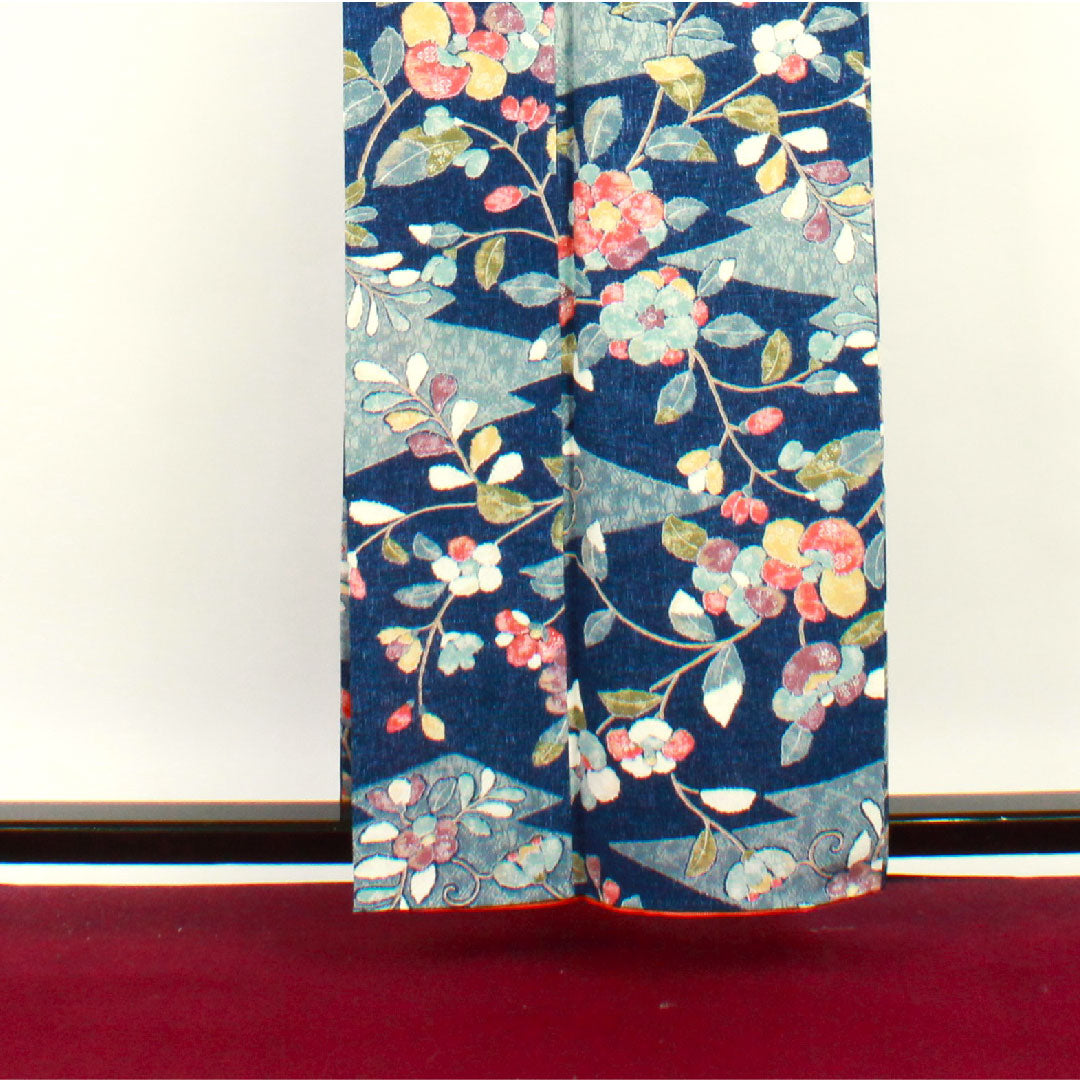 小紋 身丈158cm 裄丈64cm 袷  紺桔梗色 草花模様  正絹 Sランク 紺系 1115002512318
