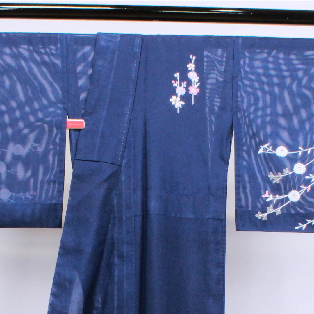 Summer polyester formal kimono, length 156.5cm, sleeve length 65cm, dark blue, chrysanthemum, silk, S rank, navy blue, 1132000102318
