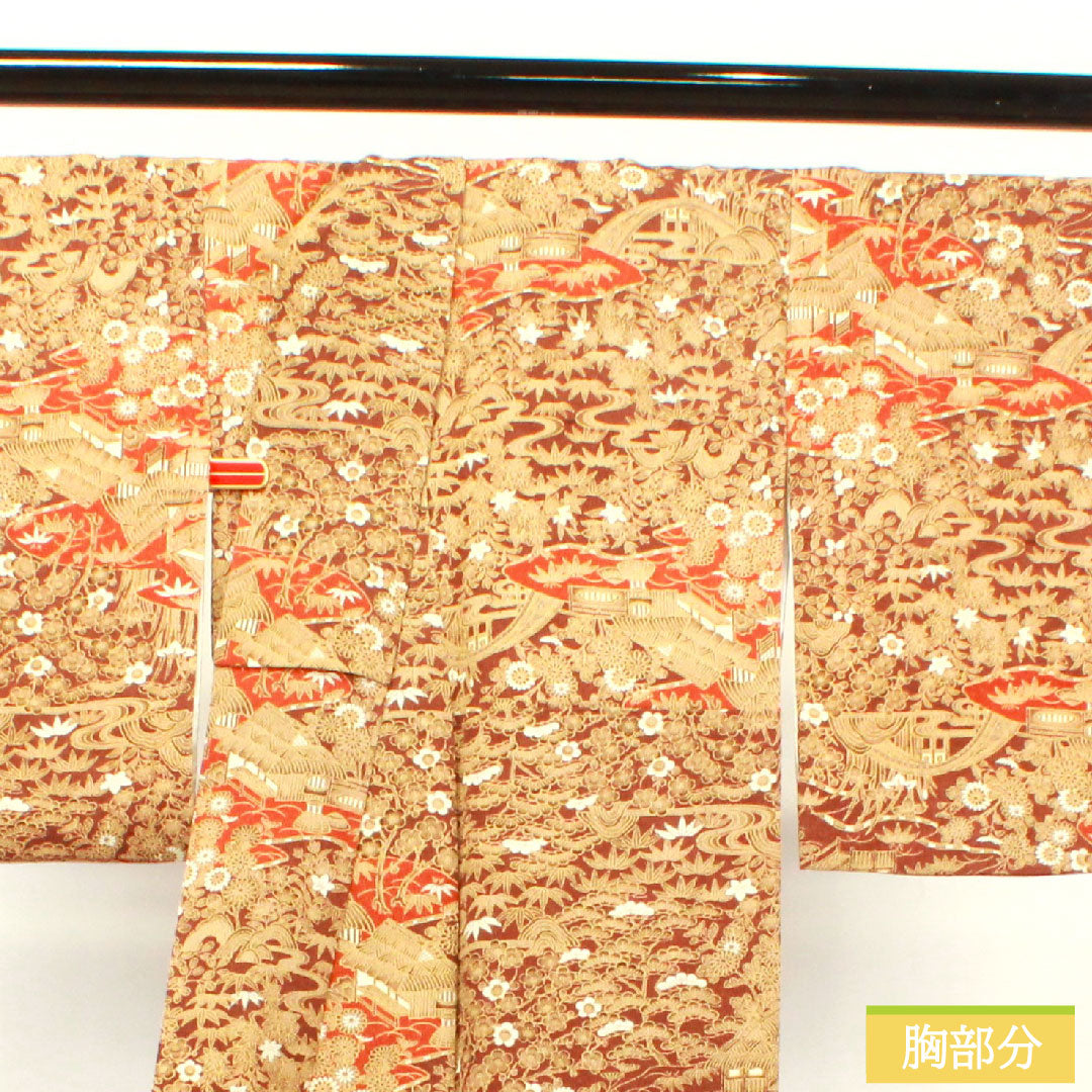 小紋 正絹 身丈157cm 裄丈64.5cm 袷  濃茶色 茶屋辻 松竹梅  Sランク 茶系 1115003602314